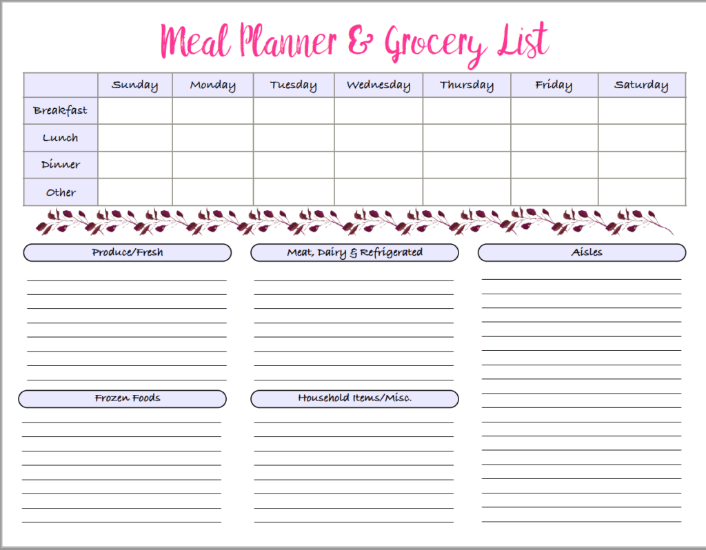 Printable Grocery List And Meal Planner