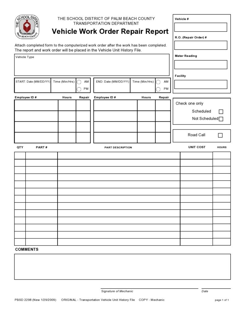 Free Printable Auto Repair Work Order Template