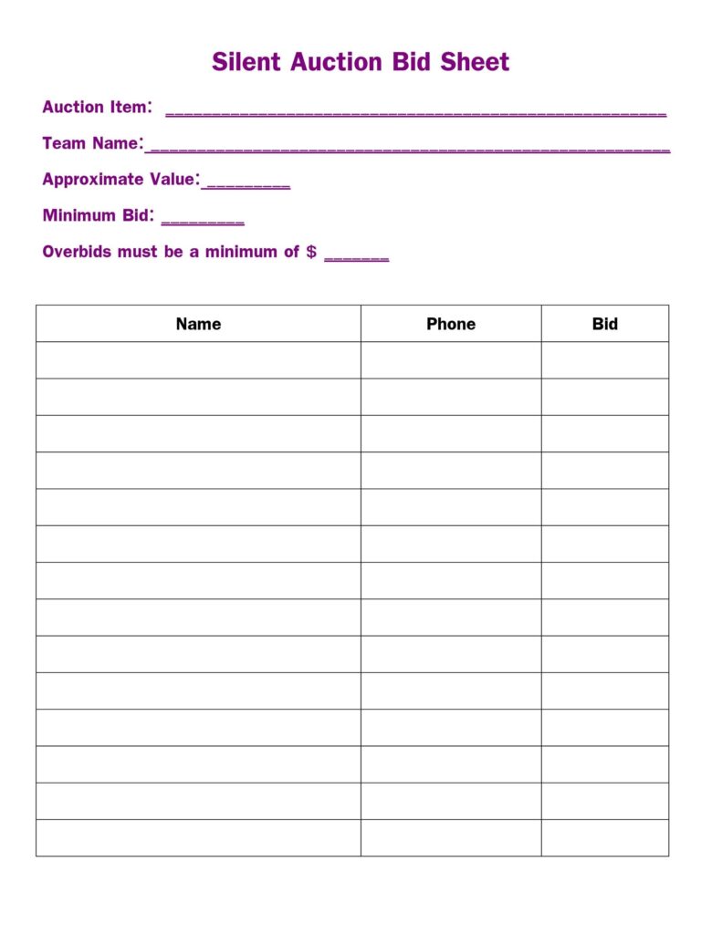 Silent Auction Template Printable