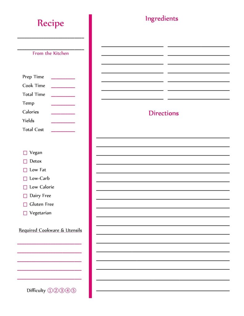 Recipe Book Template Printable