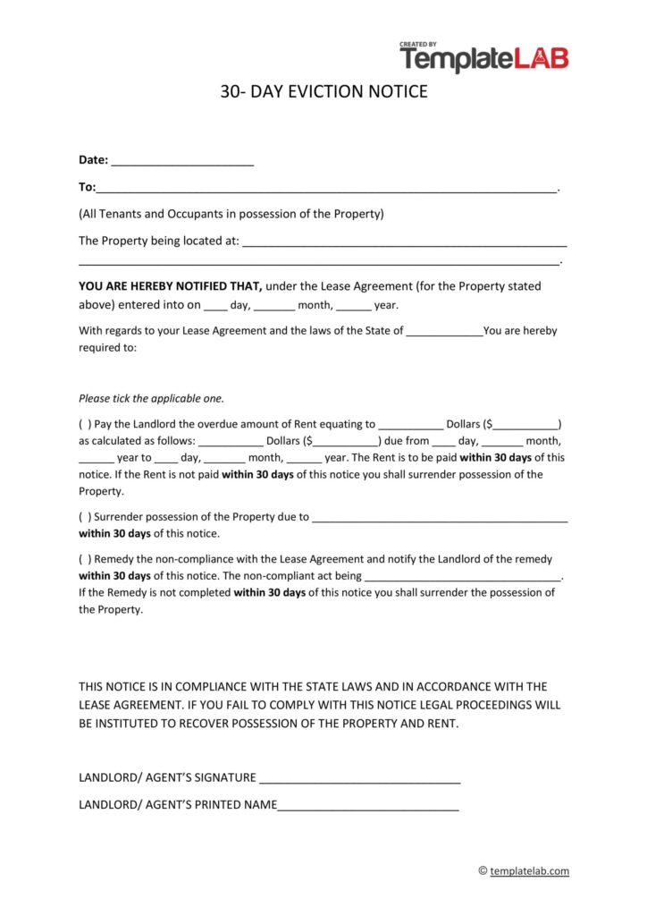 Printable 30 Day Eviction Notice Template