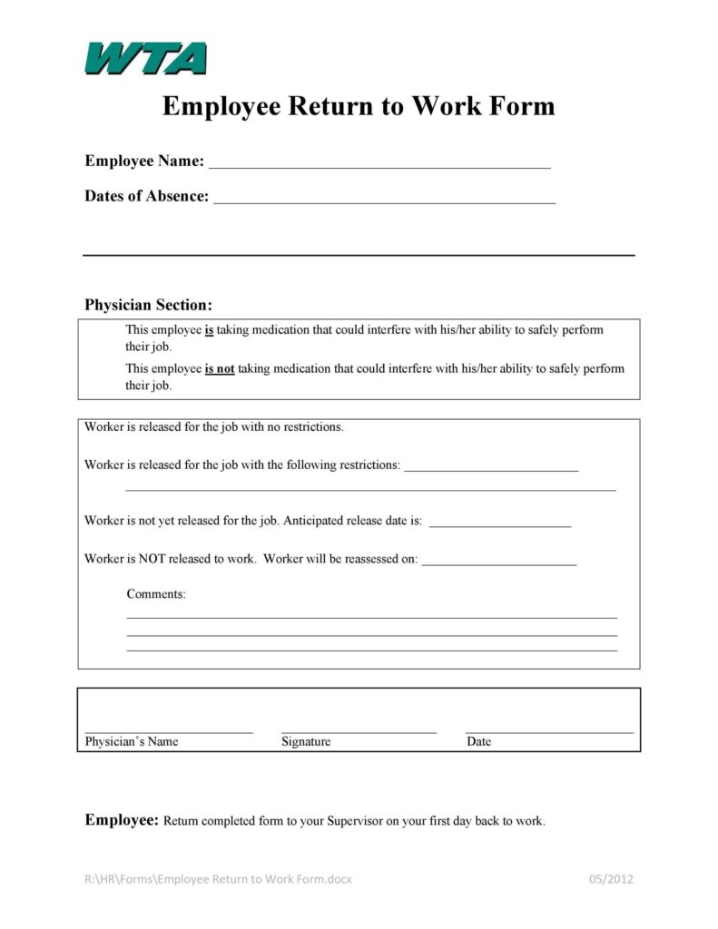 Printable Return To Work Form Template