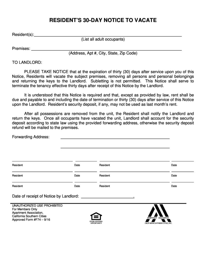 Printable 30 Day Notice To Landlord Template