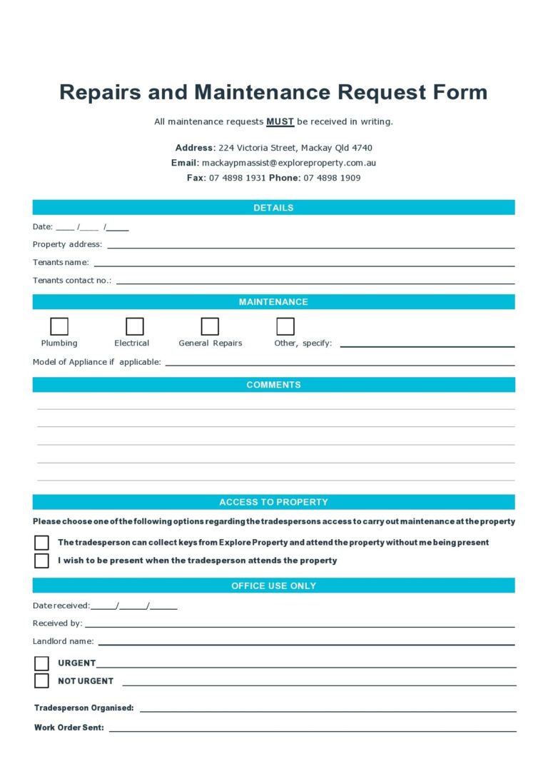 Maintenance Request Form Templates Free Templatelab Fillable Form