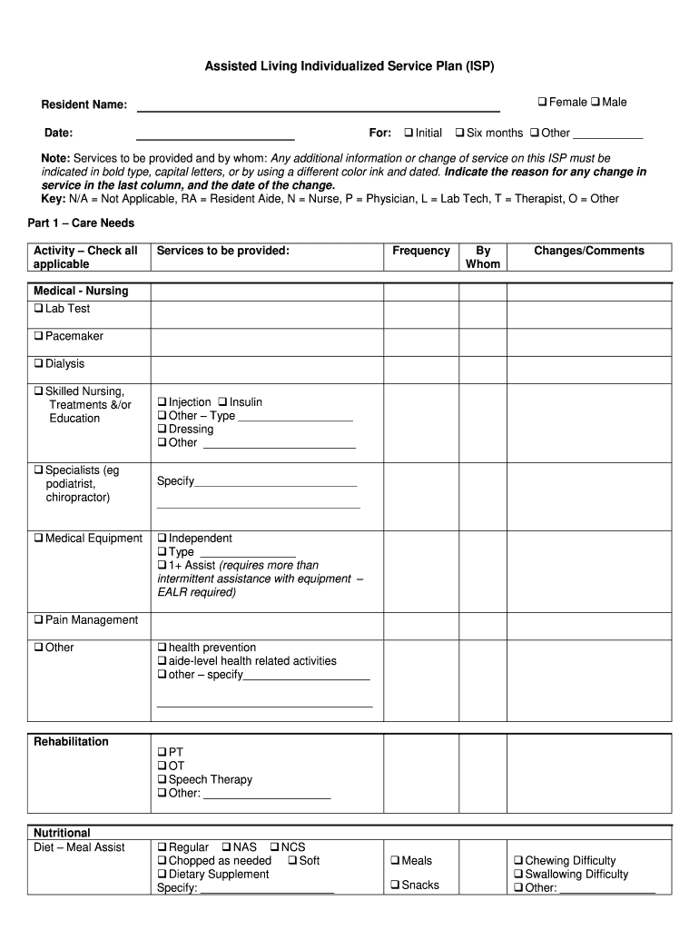 Assisted Living Individual Service Plan Template Fill Out Sign Online DocHub