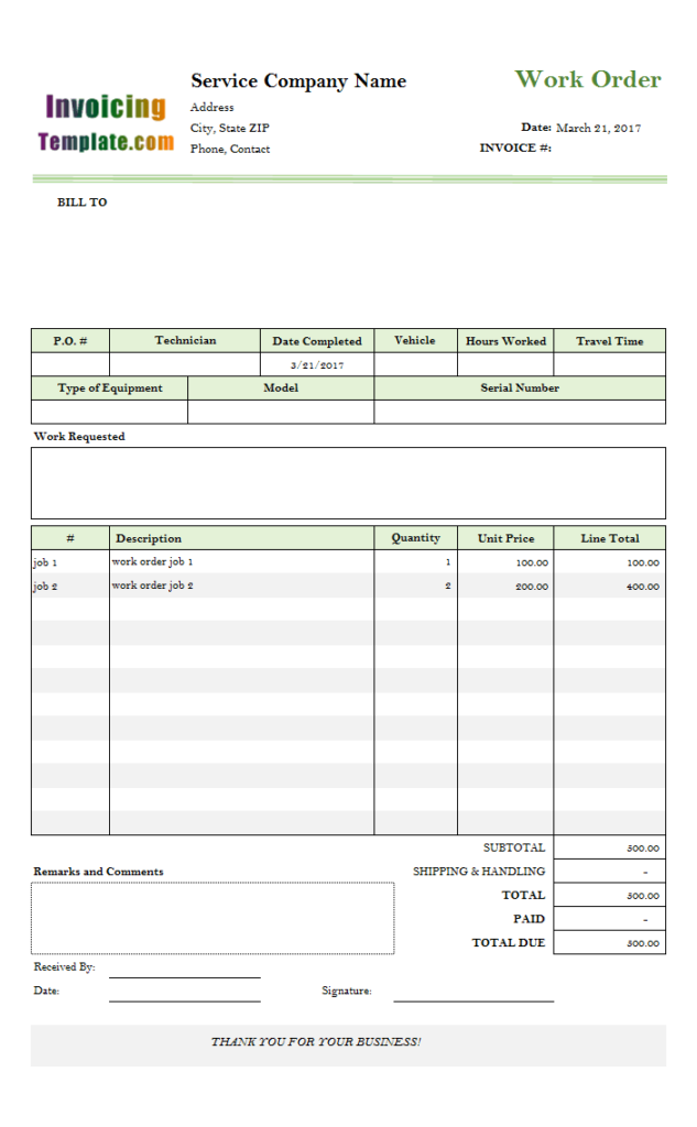 Auto Repair Work Order Template