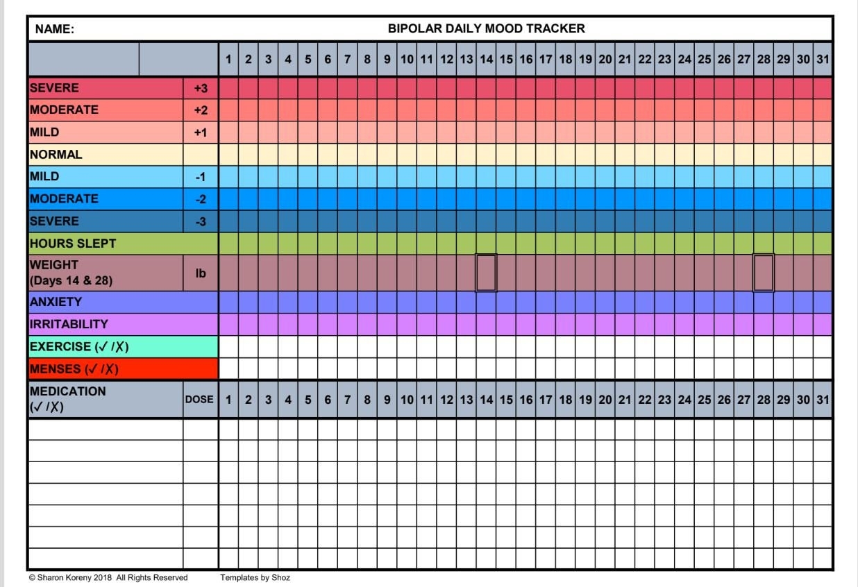 Bipolar Mood Chart Printable PDF File Etsy de