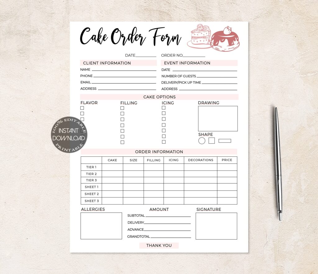 Cake Order Form Template Bakery Order Form Printable Small Etsy de