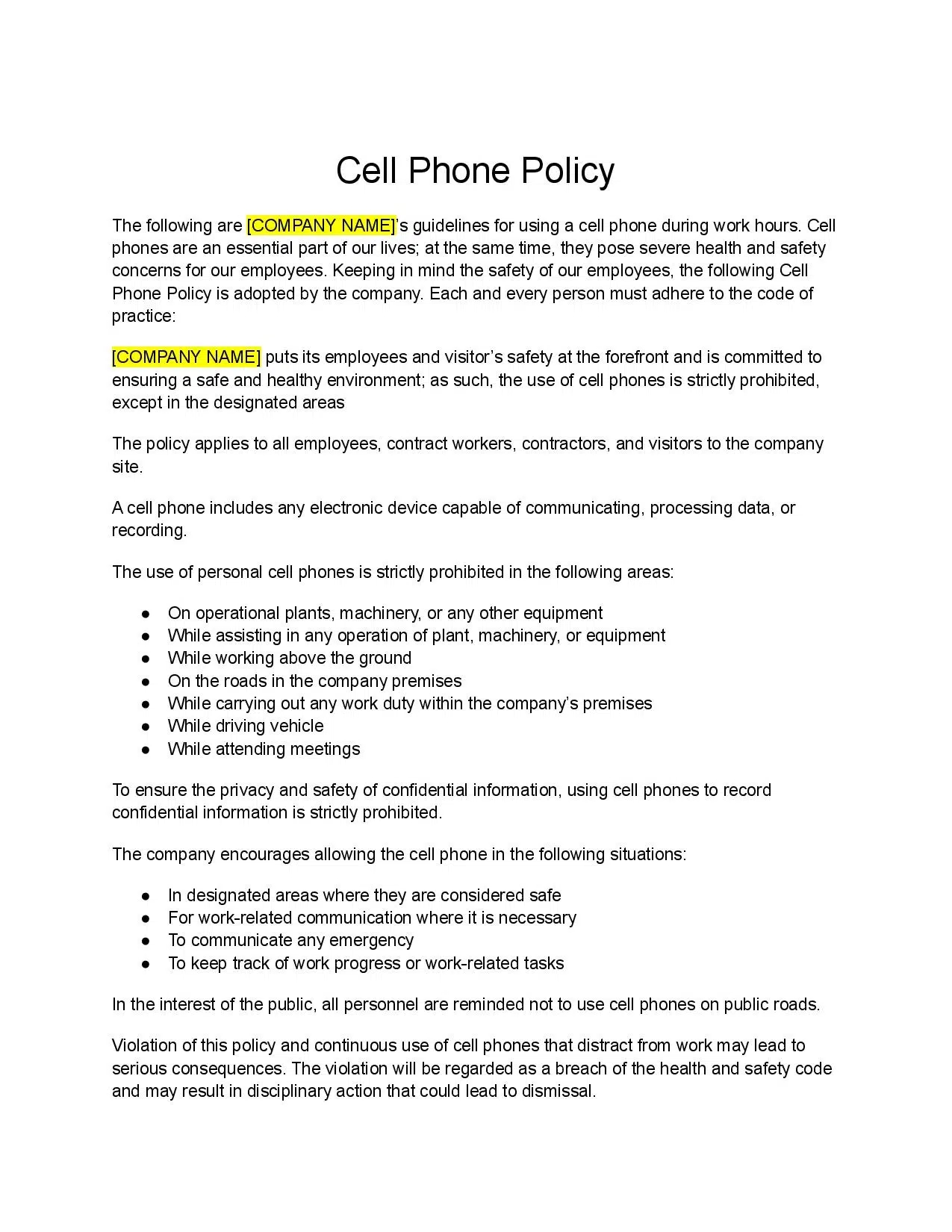 Printable Cell Phone Policy Template Fillable Form 2024