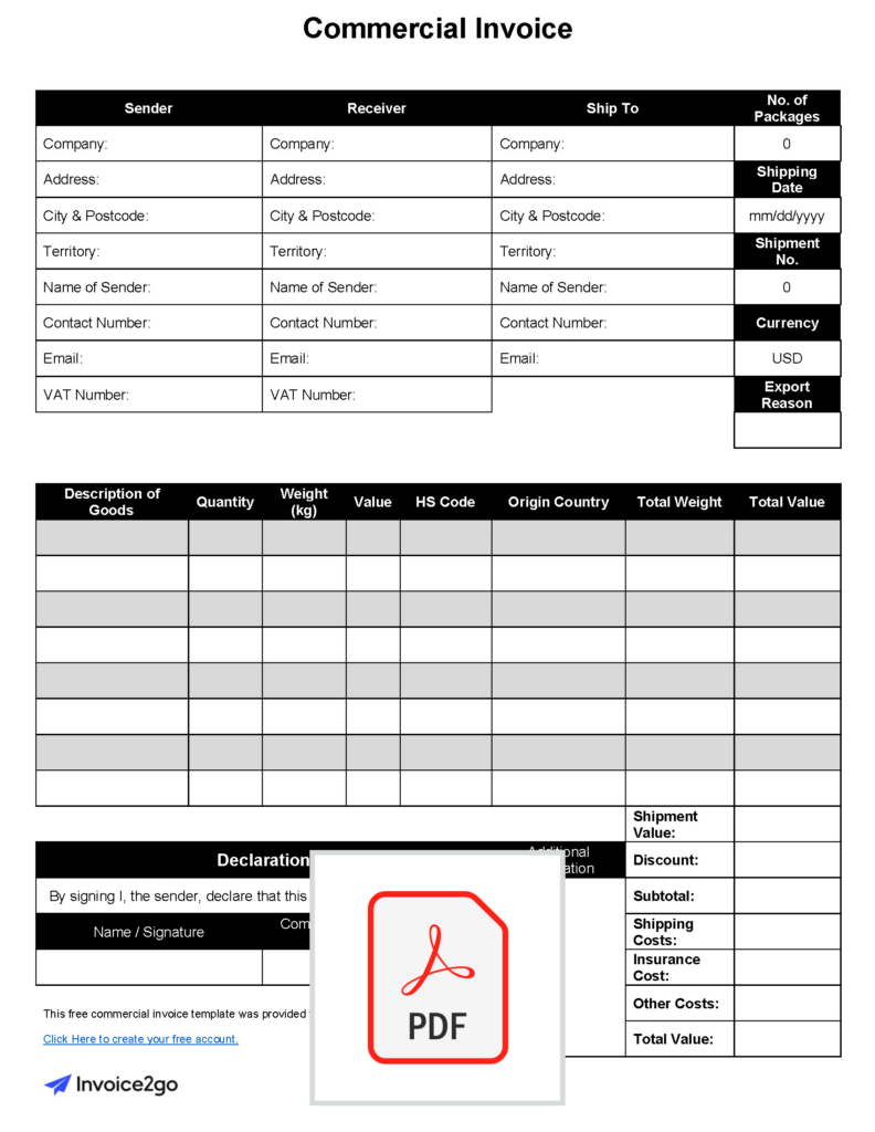 Commercial Invoice Printable Template