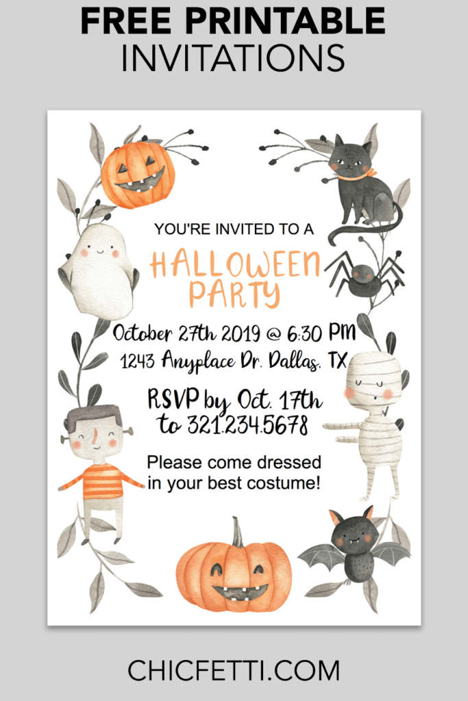 Cute Halloween Printable Invitation Chicfetti Kids Halloween Party Invitations Free Halloween Invitations Halloween Birthday Party Invitations