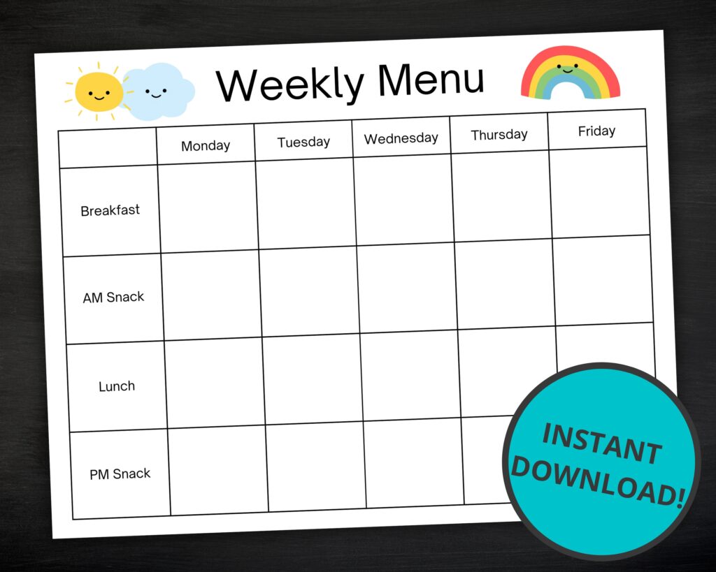 Daycare Weekly Menu Printable Weekly Menu For Daycare Etsy