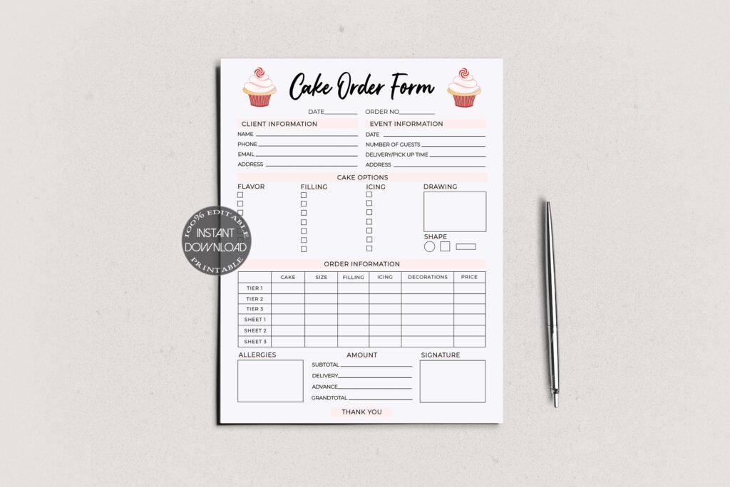 Editable Cake Order Form Template Bakery Order Form Receipt Etsy de