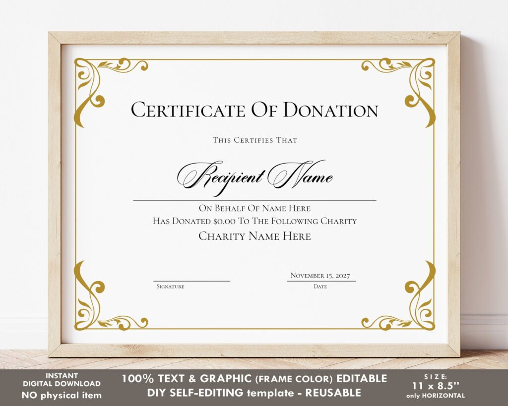 Editable Certificate Of Donation Template Printable Charity Etsy de