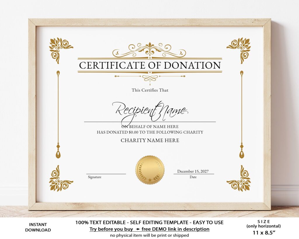 Editable Certificate Of Donation Template Printable Charity Etsy de