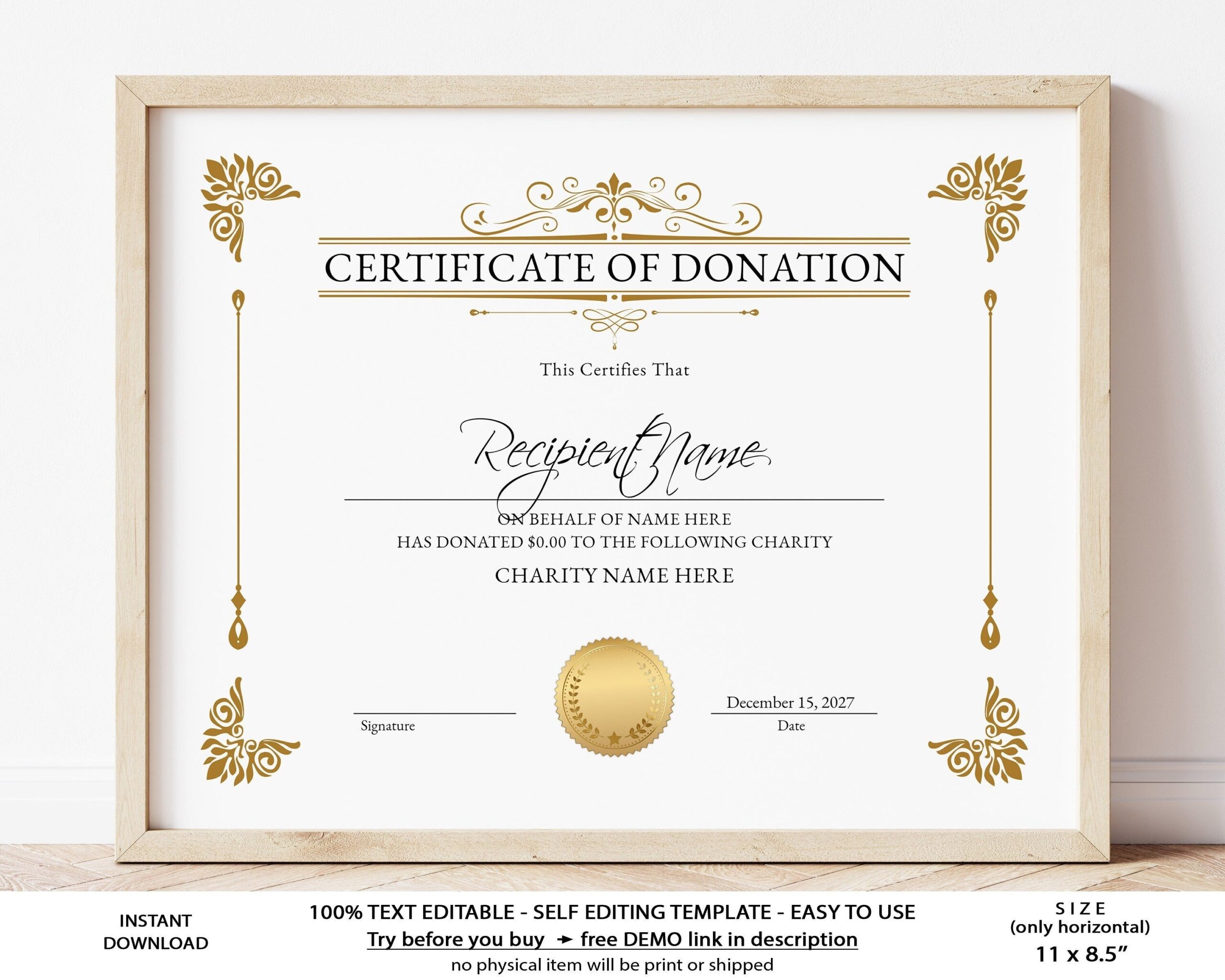 Editable Certificate Of Donation Template Printable Charity Etsy de