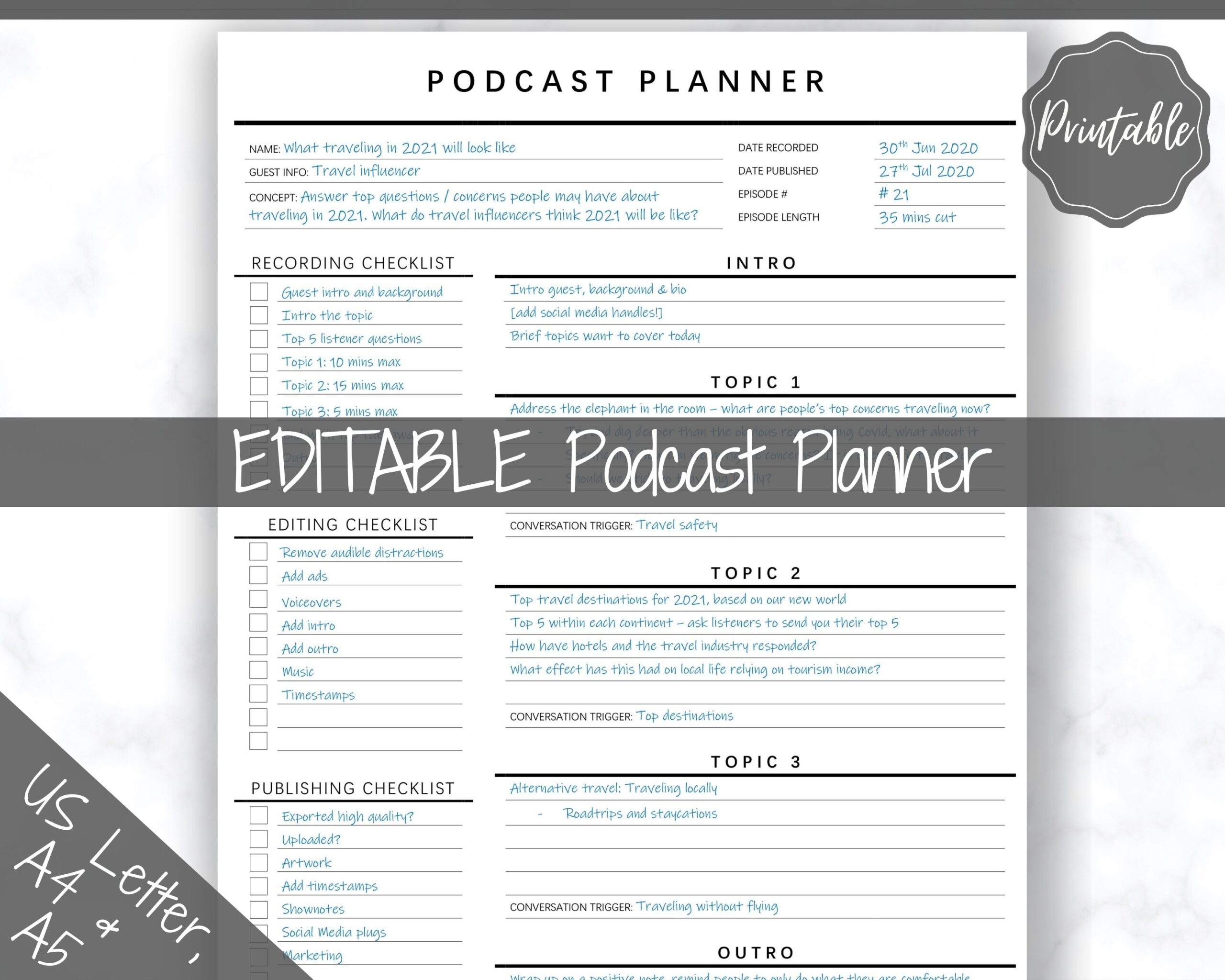 EDITABLE Podcast Planner Template Podcast Checklist Content Etsy de