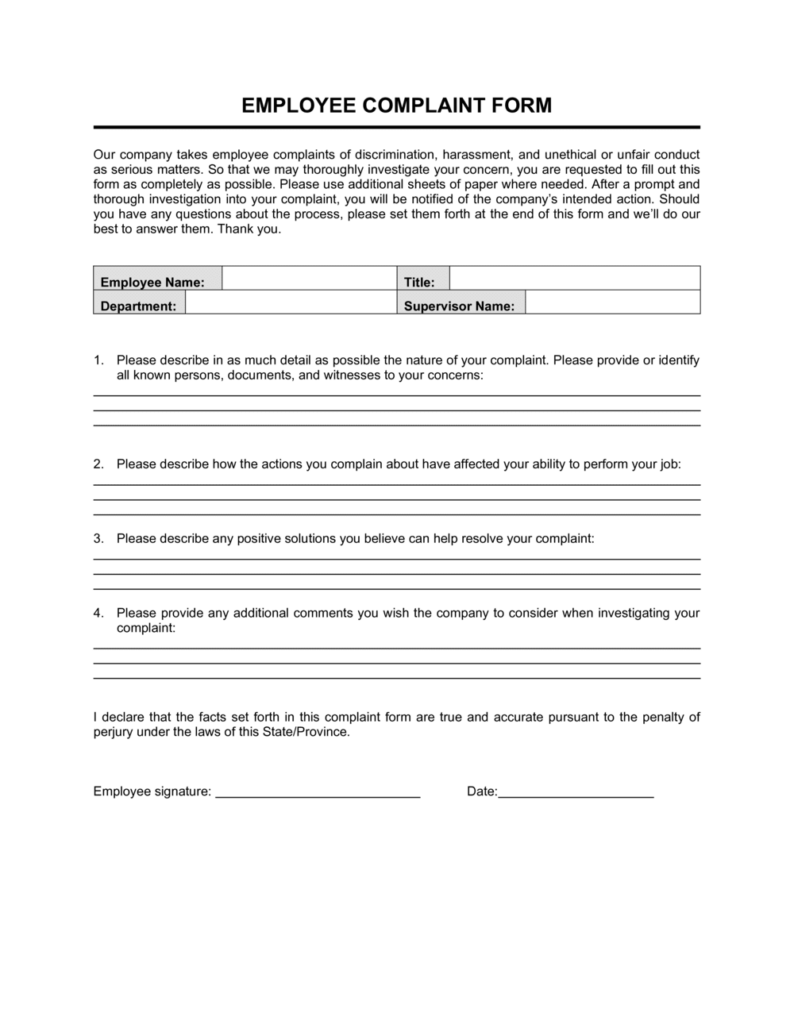 Printable Employee Complaint Form Template