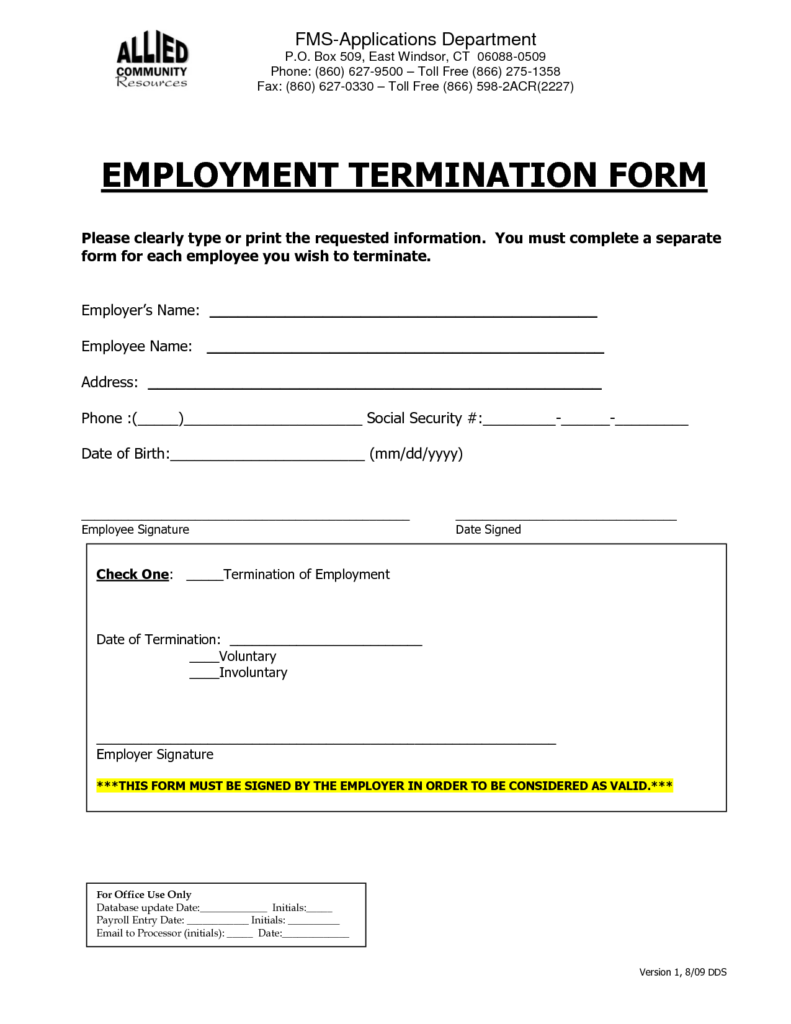 EMPLOYMENT TERMINATION FORM Employment Employment Form Employee Handbook