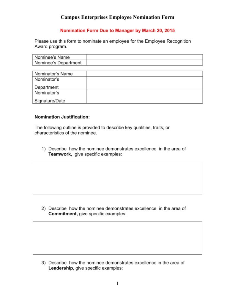 Printable Nomination Form Template