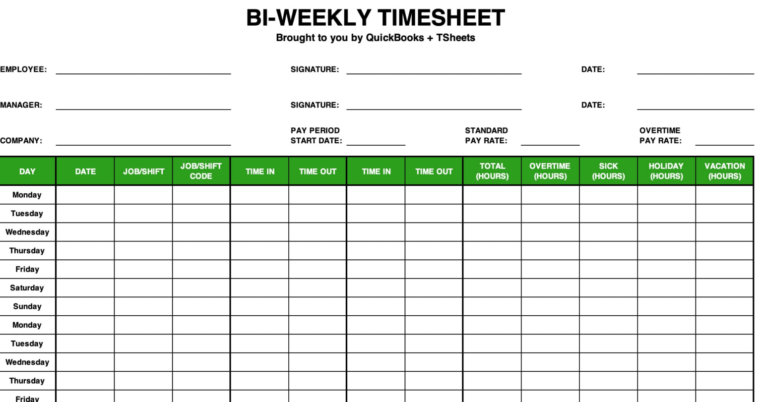 Free Bi Weekly Timesheet Template QuickBooks Canada Fillable Form 2024