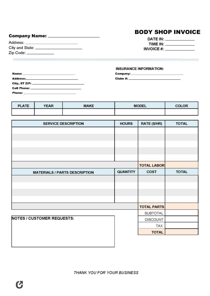 Free Body Shop Invoice Template PDF WORD EXCEL