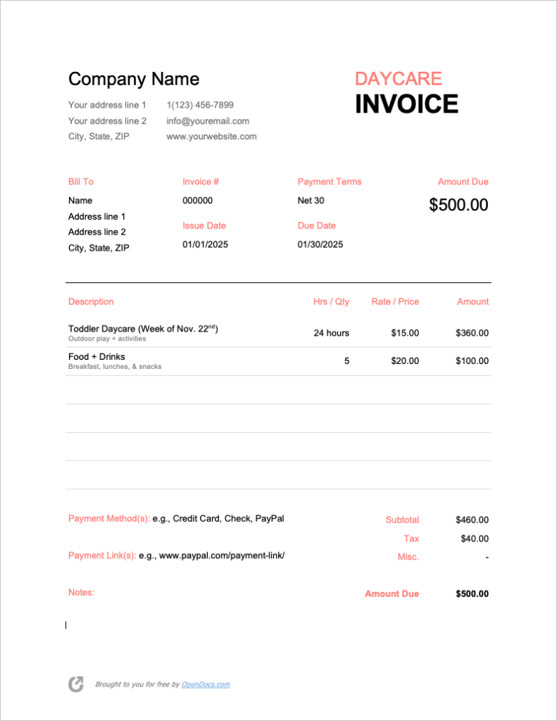 Free Daycare Invoice Template PDF WORD EXCEL