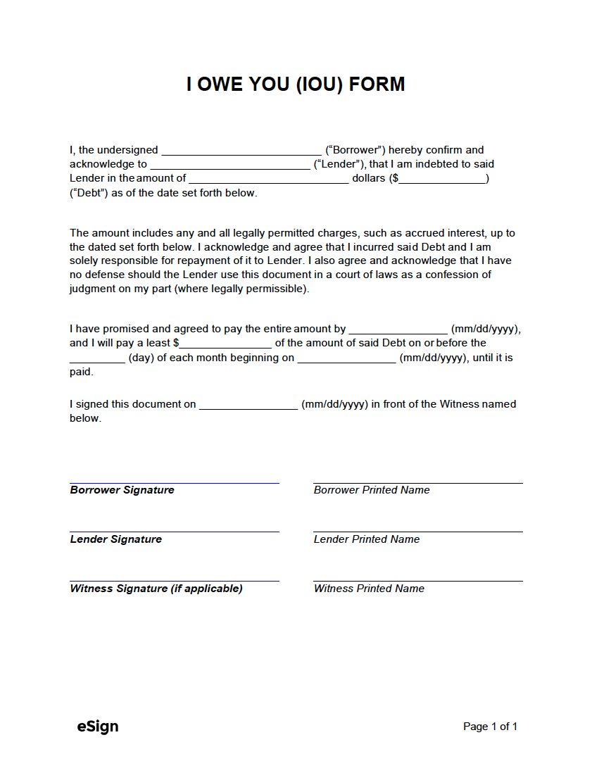 Free I Owe You IOU Template PDF Word Fillable Form 2023