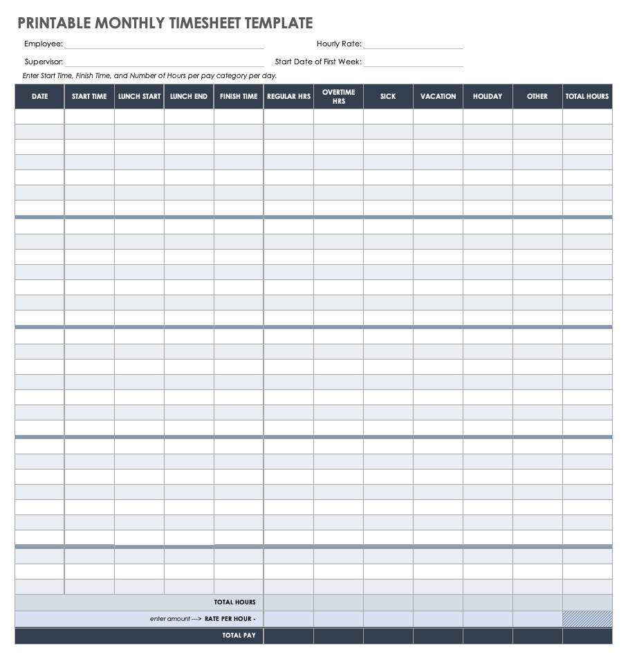 Printable Monthly Timesheet Template