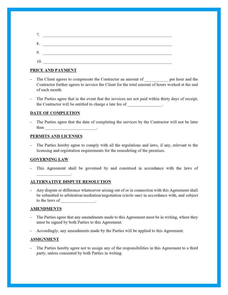 Printable Free Remodeling Contract Template Word