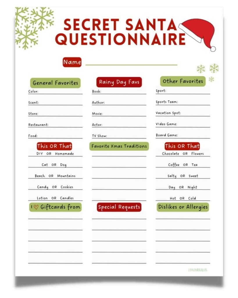 Printable Secret Santa Template Free