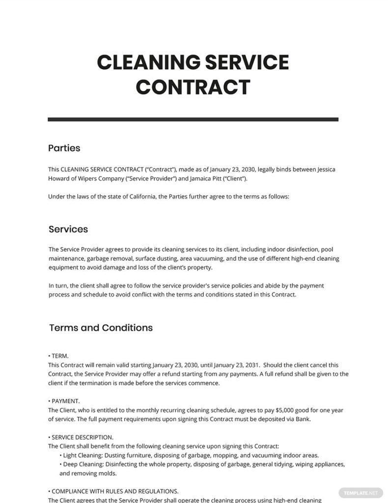 Free Printable Cleaning Contract Template Pdf