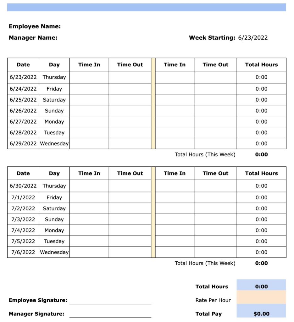 Printable 2 Week Timesheet Template