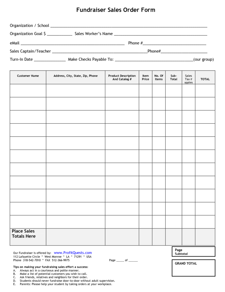 Printable Blank Fundraiser Order Form Template