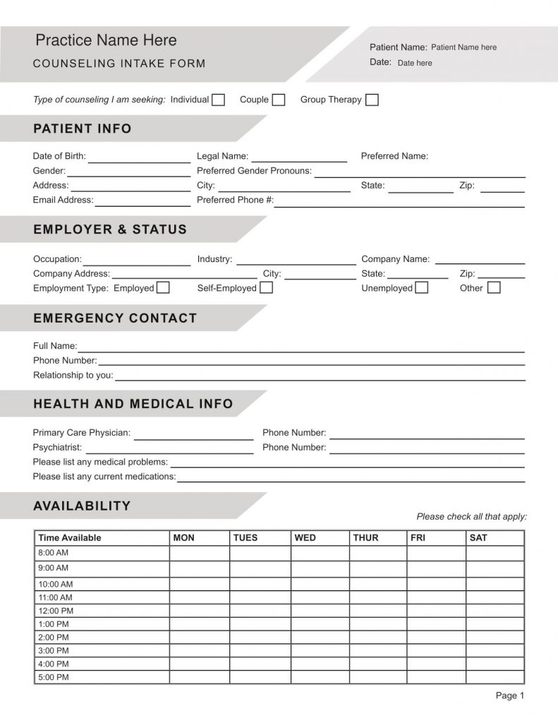 Printable Mental Health Intake Form Template