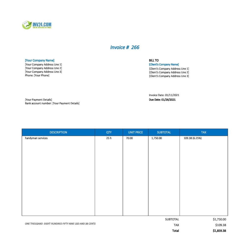 Handyman Invoice Template Excel 