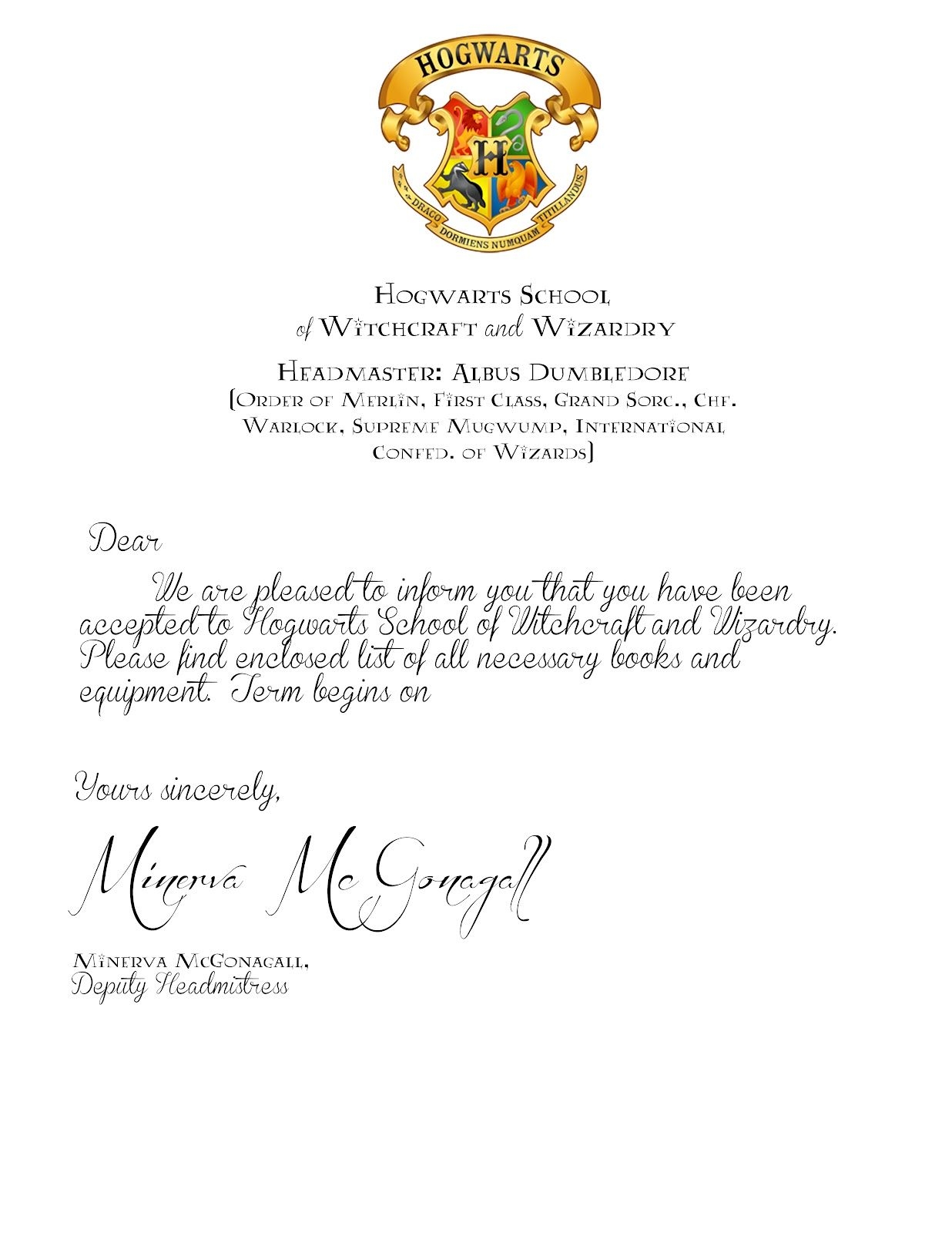 Hogwarts Harry Potter Invitations Harry Potter Letter Harry Potter Acceptance Letter