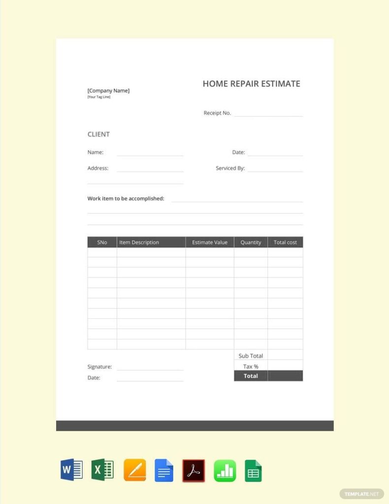 Home Repair Estimate Template Google Docs Google Sheets Excel Word Apple Numbers Apple Pages PDF Template