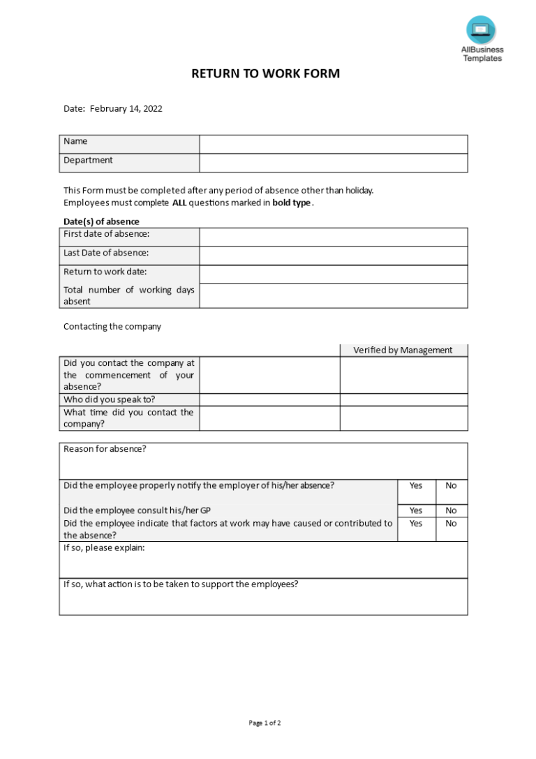 Kostenloses Return To Work Form Fillable Form 2025