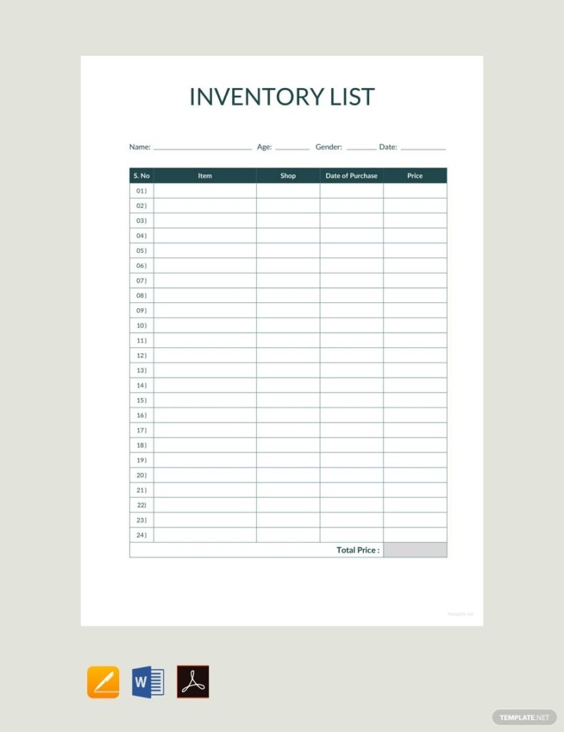 Printable Material List Template