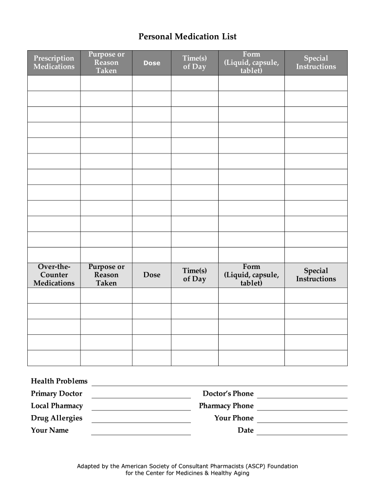 Printable Free Printable Medication Lists Templates