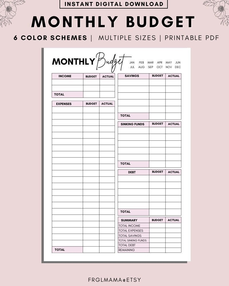 MONTHLY Budget Overview Template Printable Budget Binder Etsy de