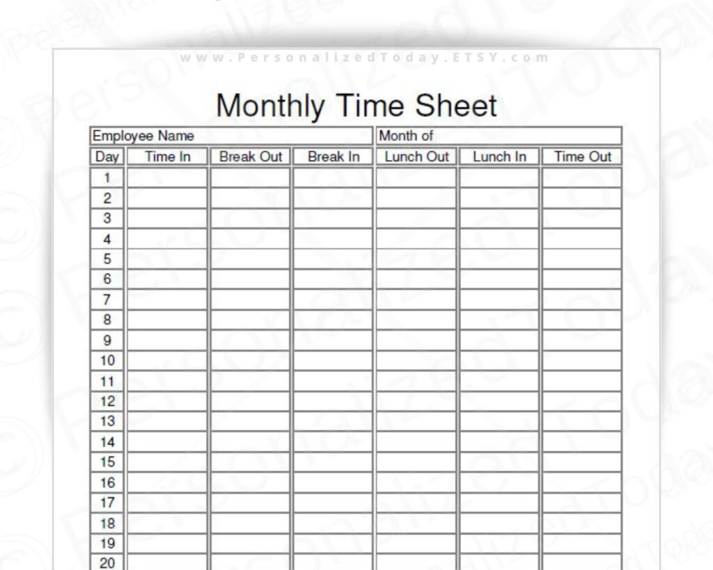 Monthly Employee Timesheet Fillable And Printable PDF Digital Etsy de