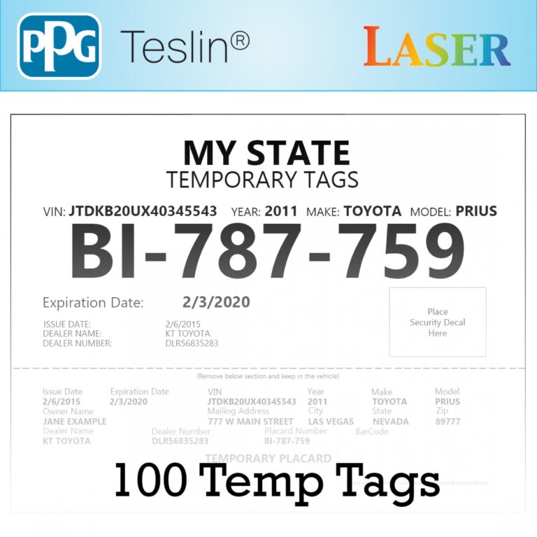Nevada License Plate Temp Tags For Dealers 10 Mil Teslin Synthetic