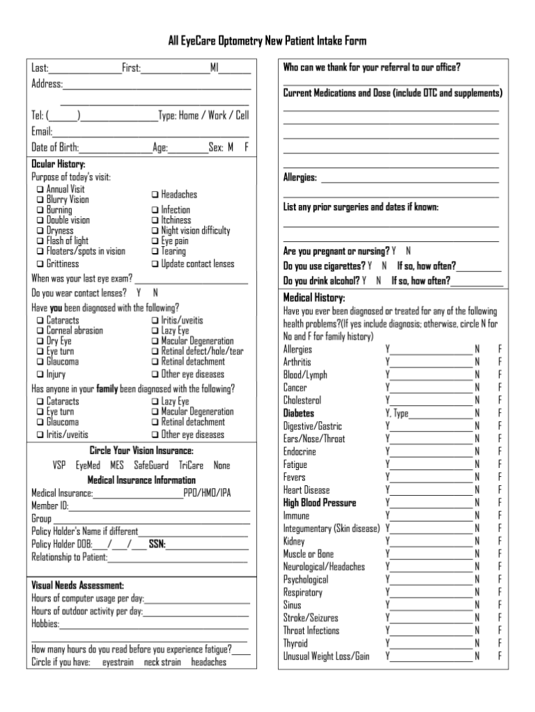 Optometry Intake Form Fill Online Printable Fillable Blank Pdffiller Fillable Form 2024