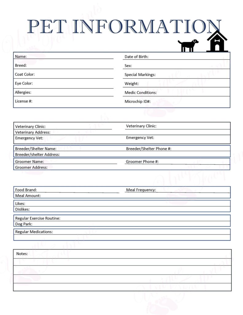 Pet Information Sheet dog Care Sheet Dogcare Business Dog Etsy Pet Grooming Business Dog Daycare Business Dog Care