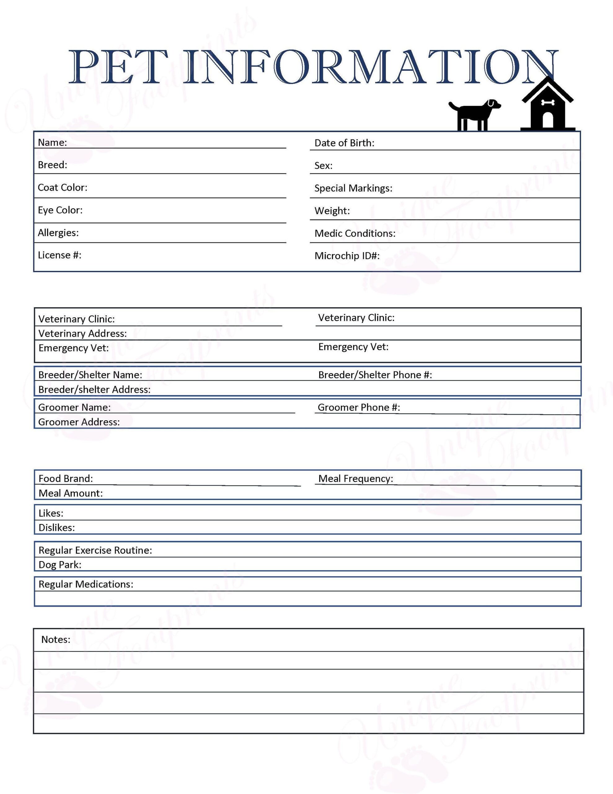 Pet Information Sheet dog Care Sheet Dogcare Business Dog Etsy Pet Grooming Business Dog Daycare Business Dog Care