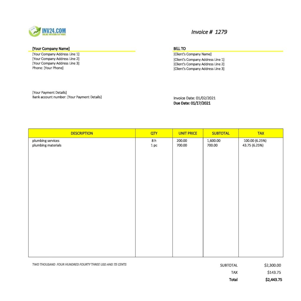 Plumbing Invoice Template Excel 