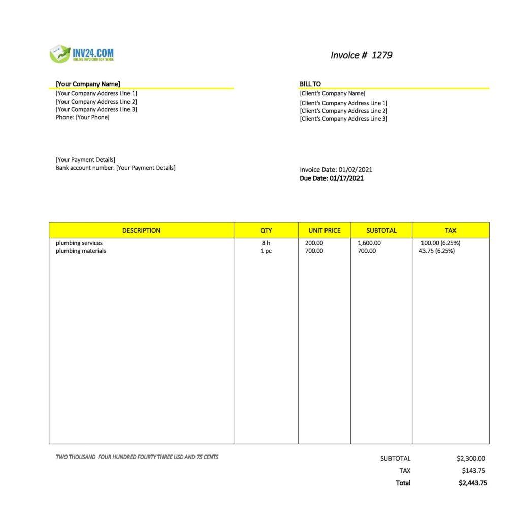 Printable Free Plumbing Invoice Template