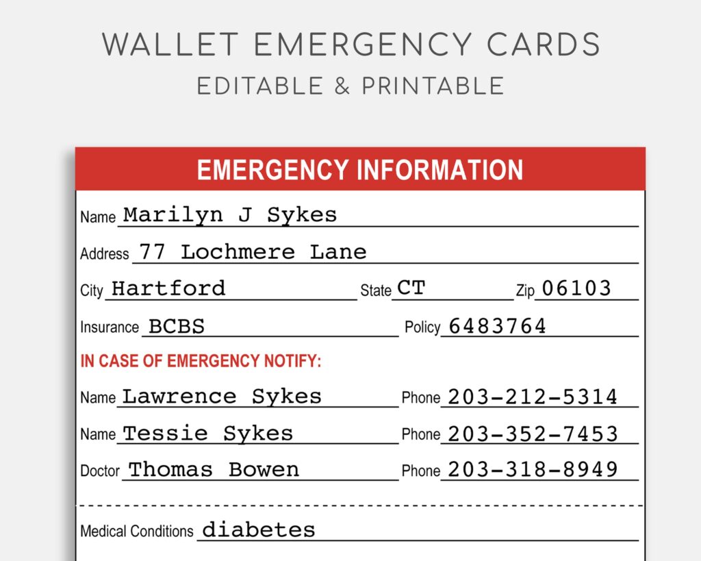 Printable Emergency Information Cards Medical Alert ID Etsy de